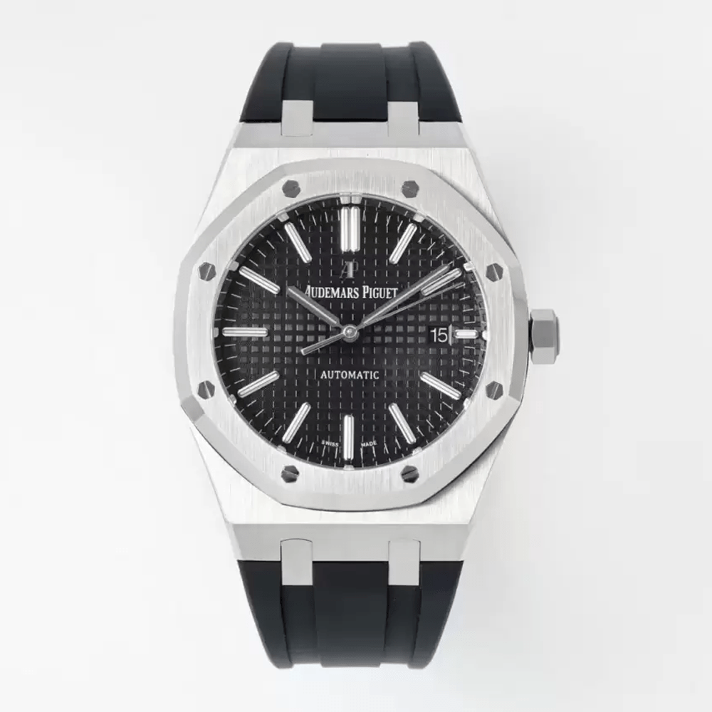 오데마피게 로얄오크 블랙 텍스처 다이얼 SS 블랙 러버 스트랩 41mm V3 15400
