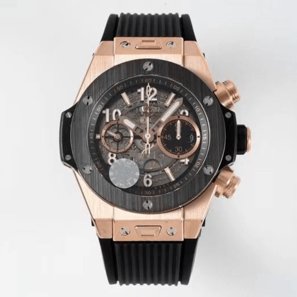 위블로 빅뱅 유니코 블랙 다이얼 로즈골드 티타늄 러버 스트랩 44mm 421.OM.1180.RX