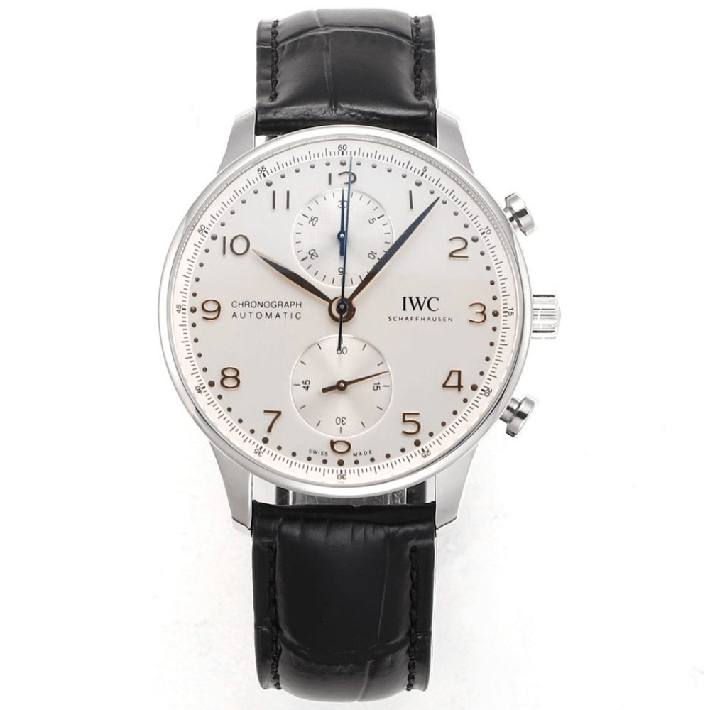 IWC 포르투기저 크로노그래프 화이트/로즈골드 다이얼 레더 스트랩 40mm IW371605