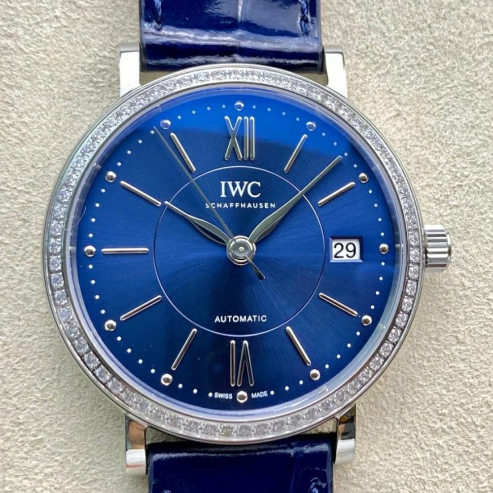 IWC 포르토피노 레이디 다이아베젤 실버 블루 다이얼 레더 스트랩 37mm IW458111