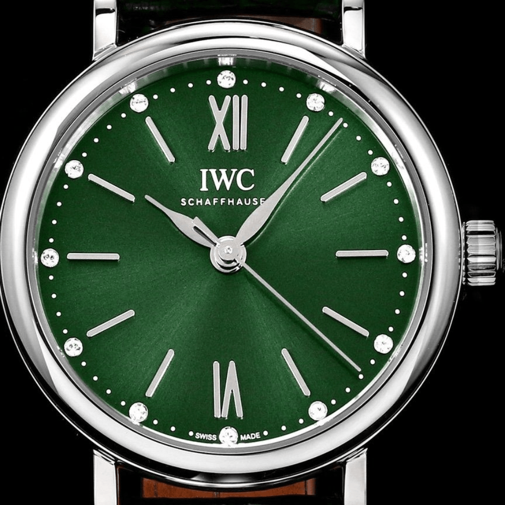 IWC 포르토피노 레이디 실버 그린 다이얼 레더 스트랩 34mm IW357405