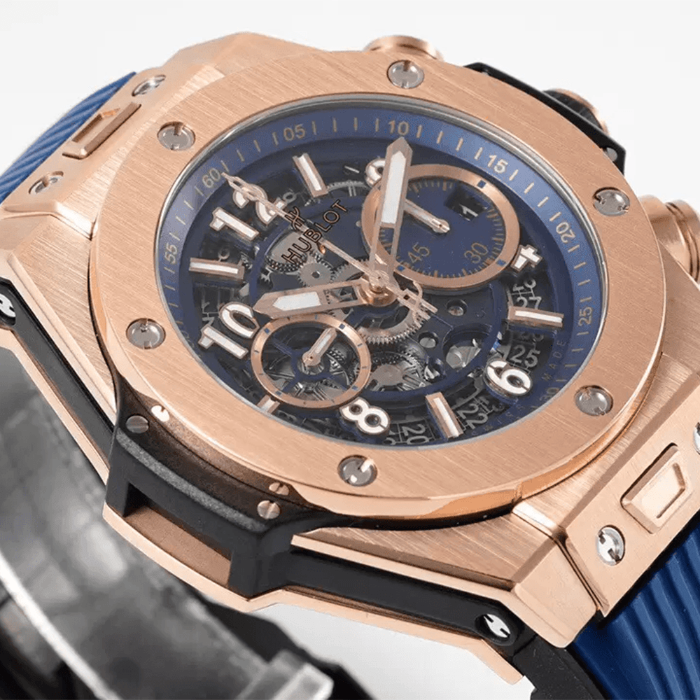 위블로 빅뱅 크로노그래프 로즈골드 블루 러버 스트랩 44mm 421.OX.5170.RX