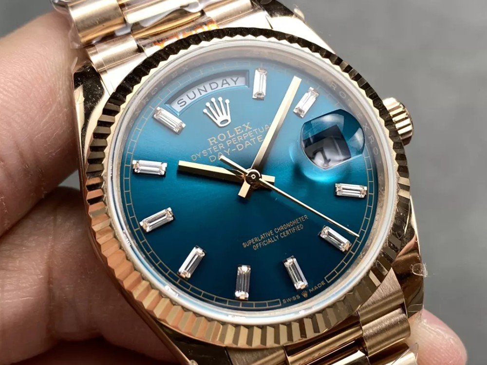 v5 롤렉스 데이데이트 블루 다이얼 바게트다이아 로즈골드 금통 36mm 128235