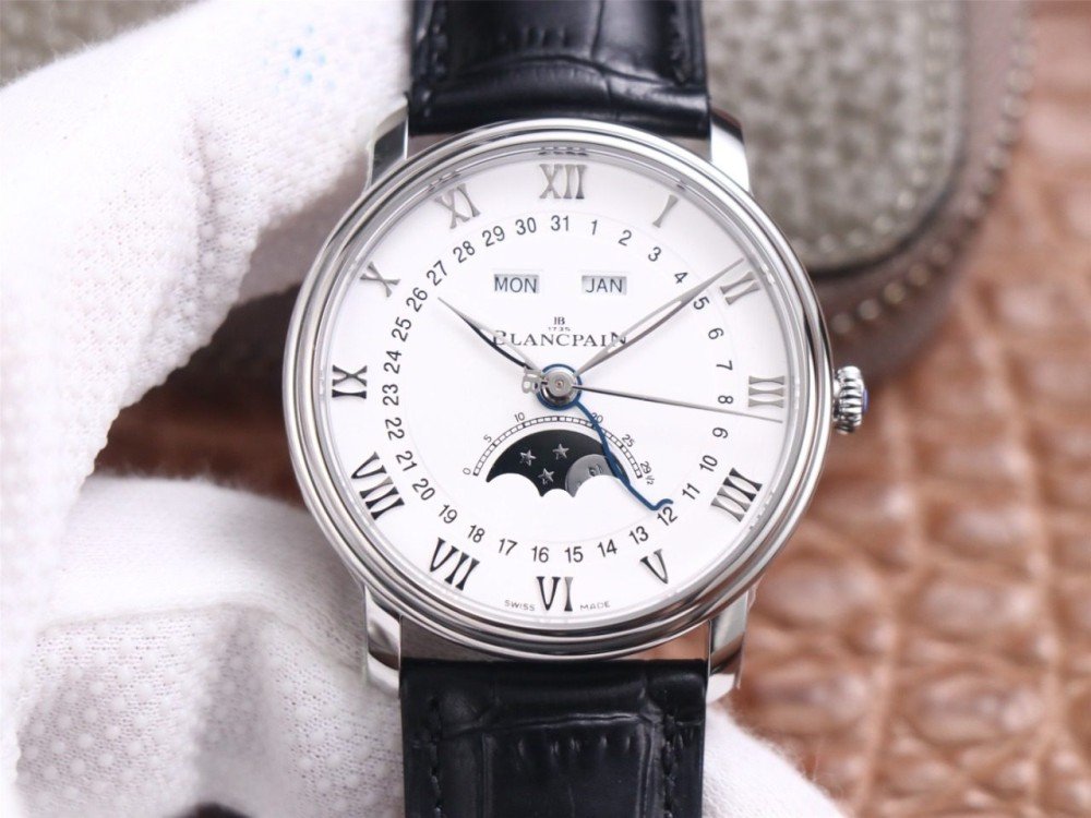 블랑팡 클래식 빌레레 문페이즈 화이트 다일얼 화이트골드 레더 스트랩 40mm V3버전 6654-1127-55B