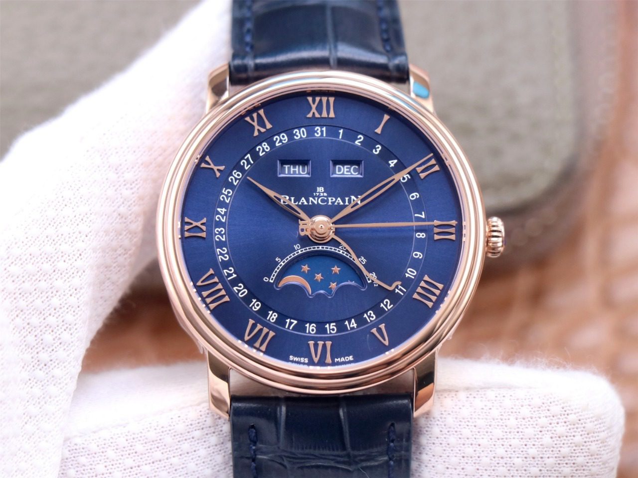 블랑팡 클래식 빌레레 문페이즈 블루 다이얼 화이트골드 레더 스트랩 40mm V3버전 6654-3640-55