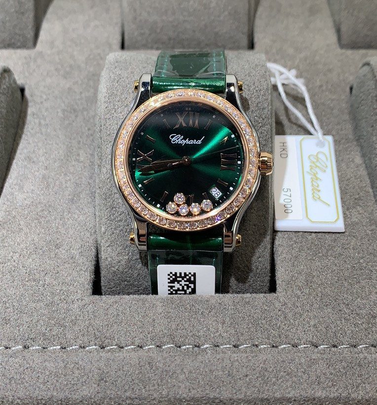 쇼파드 해피 스포트 그린 다이얼 다이아베젤 레더 스트랩 36mm 278582-6007